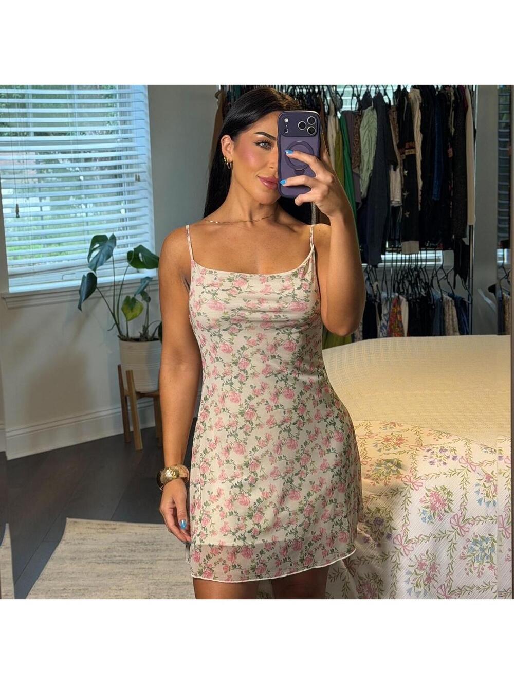 See You Monday Pink Floral Slip Mini Dress Cottagecore Size M